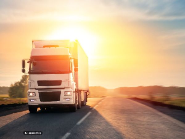 LKW auf Straße im Sonnenuntergant