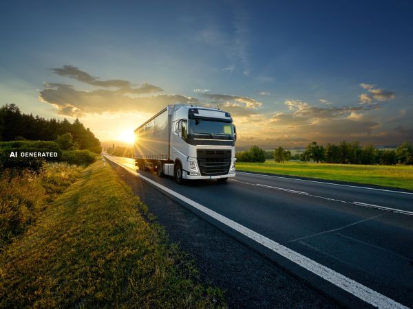 LKW auf Landstraße unterwegs bei tiefstehender Sonne